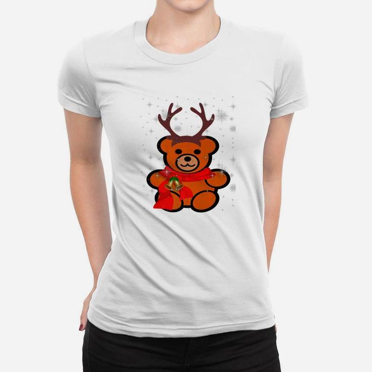 Christmas Eve Teddy Bear With Antlers In The Snow Ladies Tee