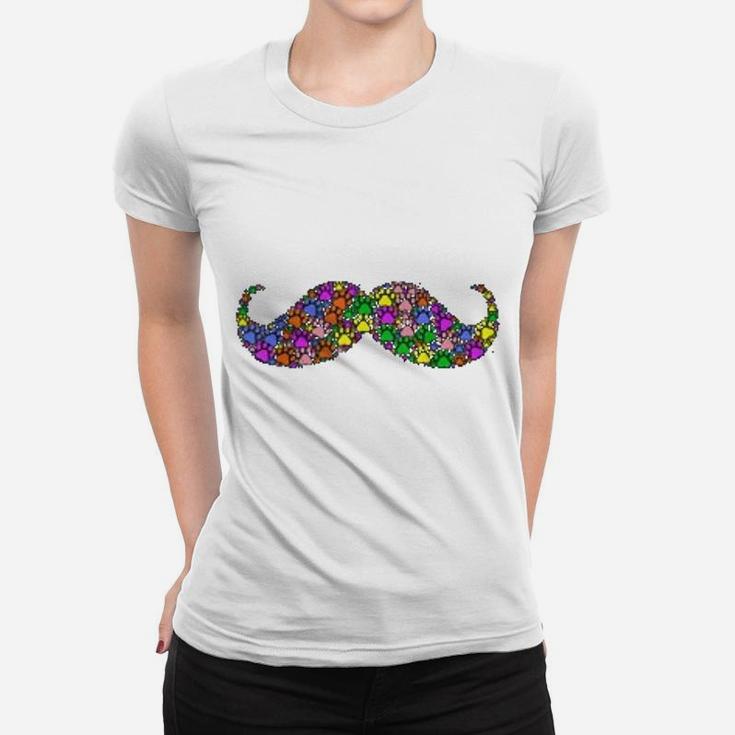 Colorful Cat And Dog Paws Print Beard Mustache Ladies Tee