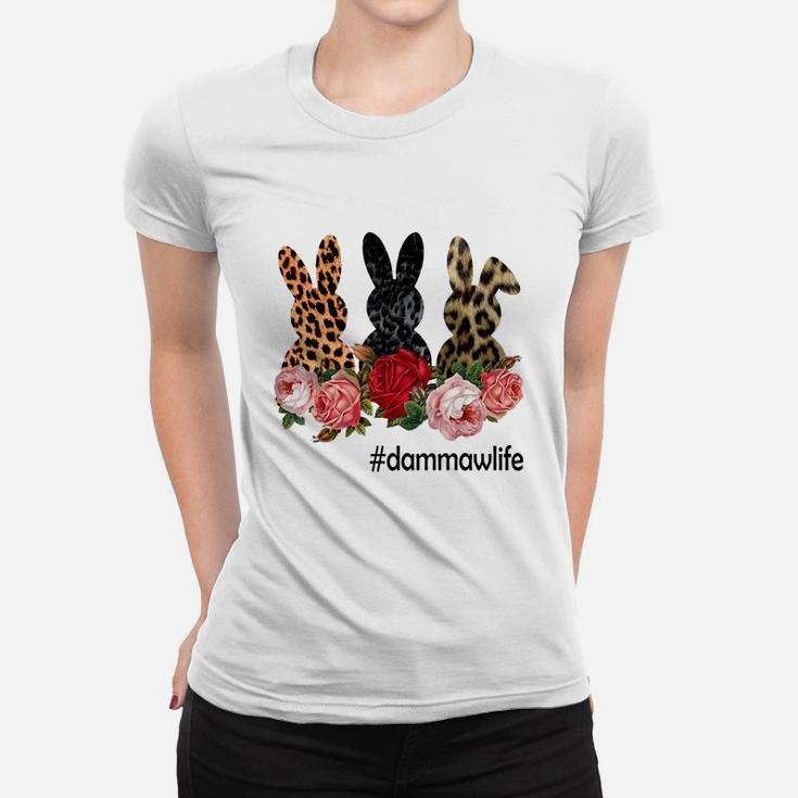 Cute Bunny Flowers Dammaw Life Happy Easter Sunday Floral Leopard Plaid Women Gift Ladies Tee