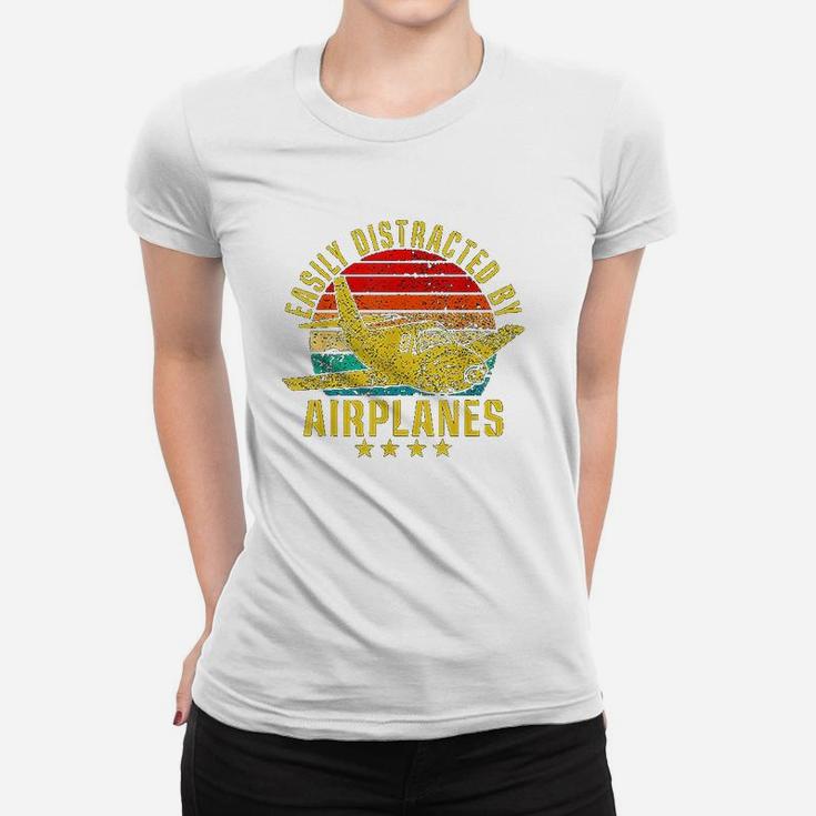 Easily Distracted By Airplanes Funny Vintage Retro Pilot Ladies Tee