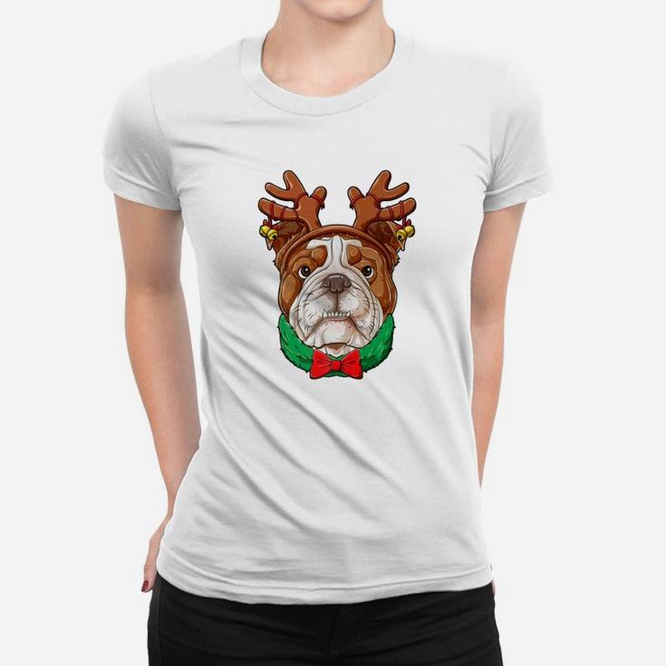 English Bulldog Christmas Shirt Reindeer Antlers Dog Girls Ladies Tee