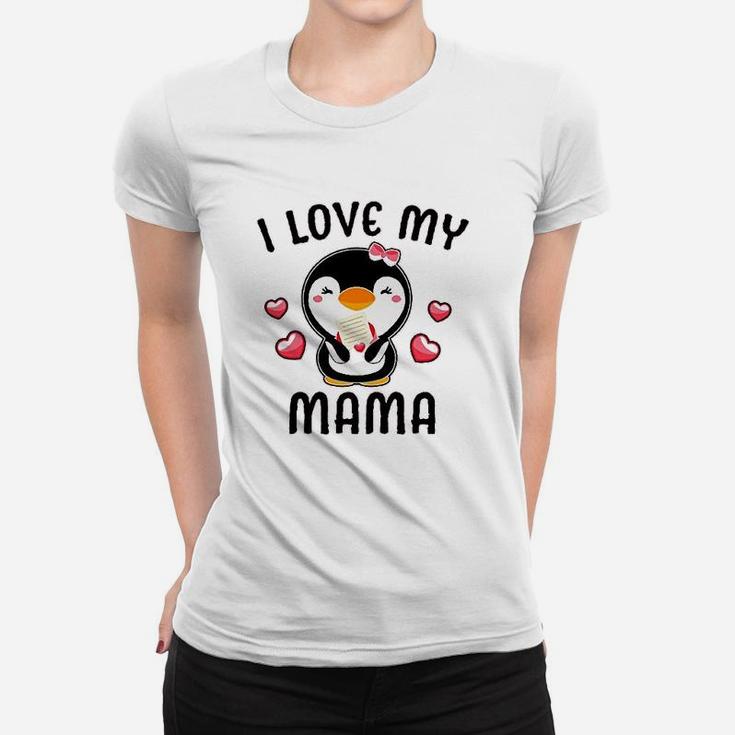 I Love My Mama With Cute Penguin And Hearts Ladies Tee