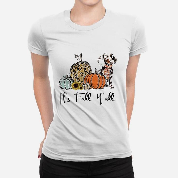 Its Fall Yall Yellow Dachshund Dog Leopard Pumpkin Falling Ladies Tee