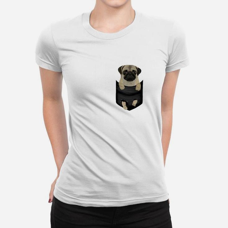 Lustiges Mops Frauen Tshirt Weiß Taschendruck Design für Hundefreunde