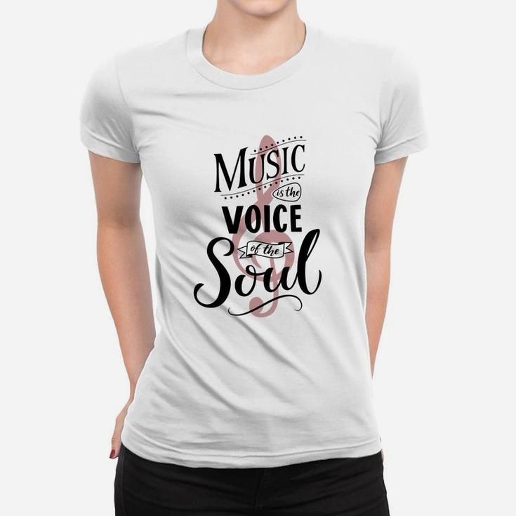 Music Is The Voice Of The Soul. Inspirational Quote Typography, Vintage Style Saying On White Background. Dancing School Wall Art Poster. Ladies Tee