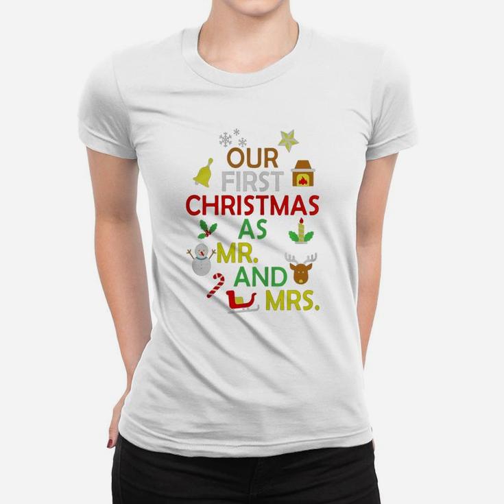 Our First Christmas As Mr And Mrs T-shirt Newly Wed Marriag Ladies Tee