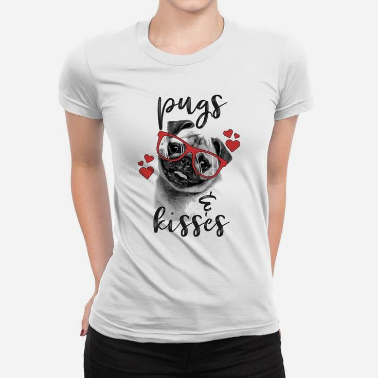 Pugs And Kisses Red Hearts Valentines Graphic Ladies Tee