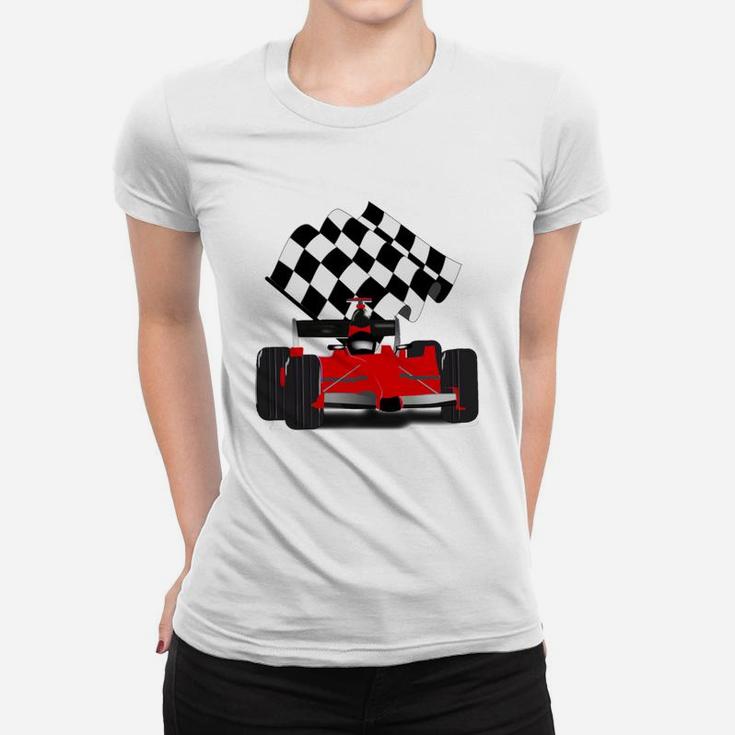 Red Race Car With Checkered Flag Ladies Tee