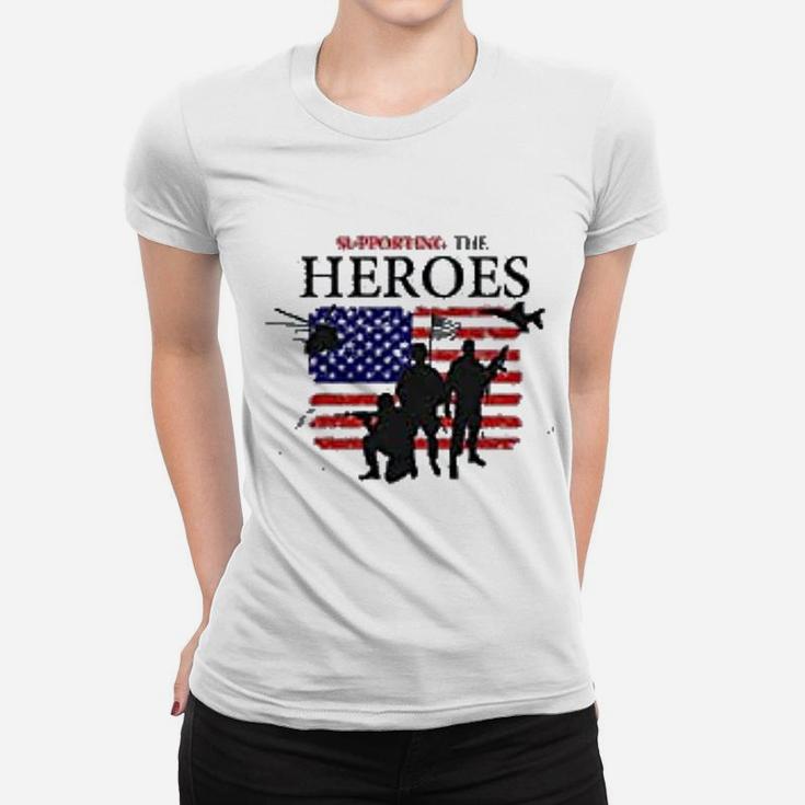 Supporting The Heroes Us Memorial Day 4th Of July American Flag Ladies Tee