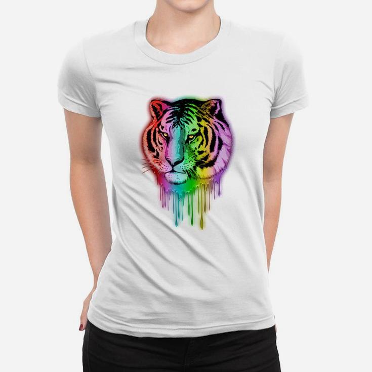 Tiger Neon Dripping Rainbow Colors Funny Shirts Ladies Tee