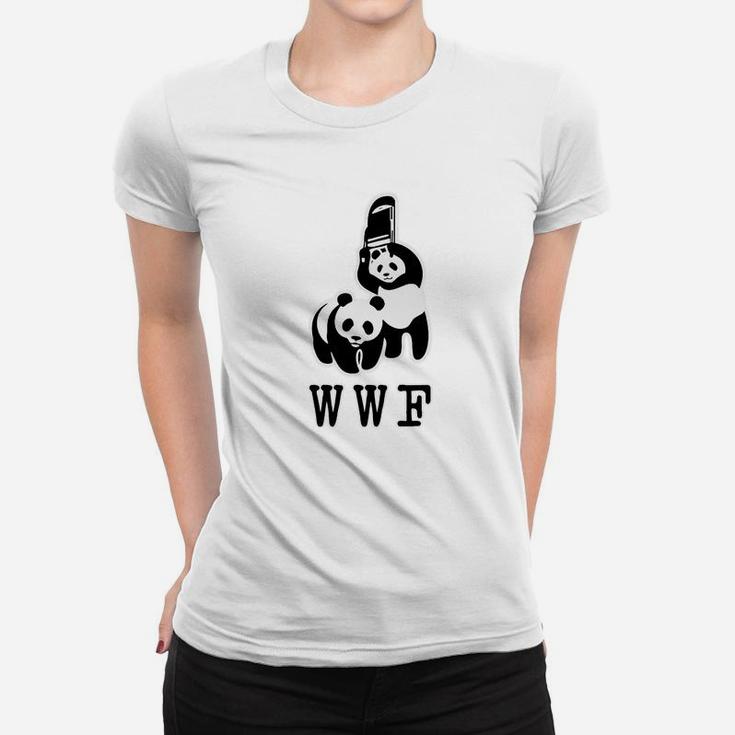 Weißes Frauen Tshirt mit Panda-Ringkämpfer, WWF Parodie-Design für Fans