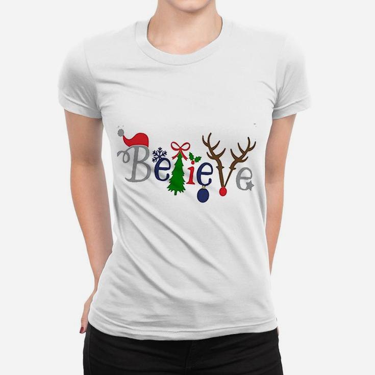 Women Merry Christmas Cute Santa Tree Reindeer Believe Ladies Tee