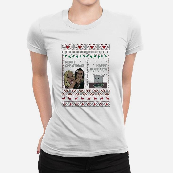 Yelling Woman Cat Meme Merry Christmas Happy Holidays Ugly Christmas Shirt Ladies Tee