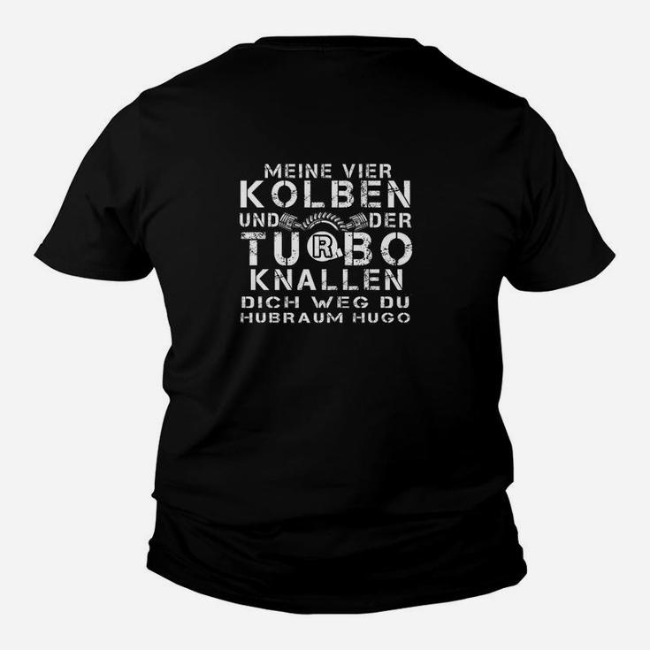 Vier Kolben & Turbo Power Herren Kinder Tshirt, Motorsport-Slogan Design – Schwarz