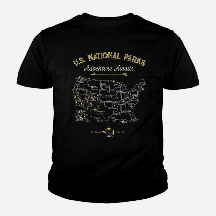62 National Parks Map Gifts Us Park Vintage Camping Hiking Kid T-Shirt