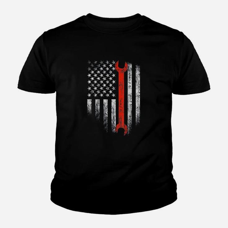 American Flag Mechanic Wrench Patriotic Auto Techs Motor Kid T-Shirt