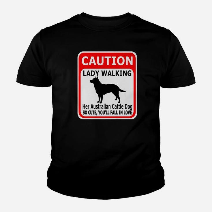 Amusing Cattle Dog Caution Lady Walking Kid T-Shirt