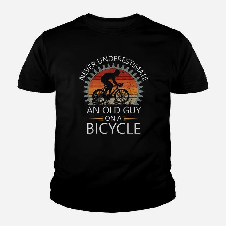 An Old Guy On A Bicycle Cycling Vintage Never Underestimate Kid T-Shirt