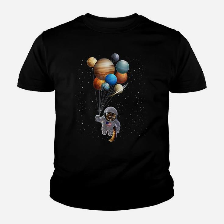 Astronaut Cat In Space Holding Planet Balloon Kid T-Shirt