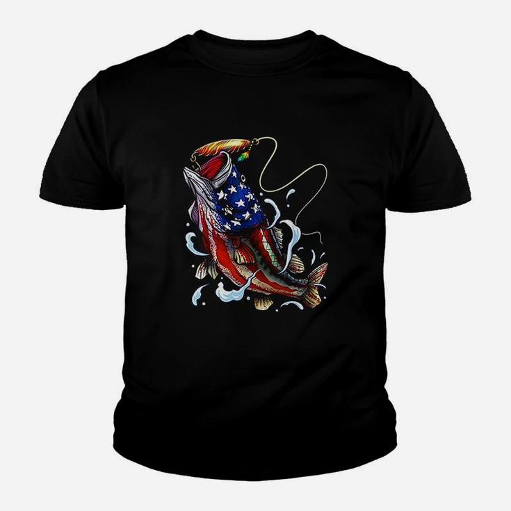 Bass Fishing Fish Angler Dad Father Gift American Flag Kid T-Shirt