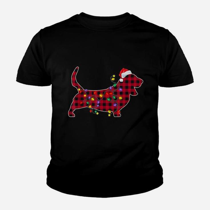 Basset Hound Dog Red Plaid Christmas Lights Xmas Kid T-Shirt