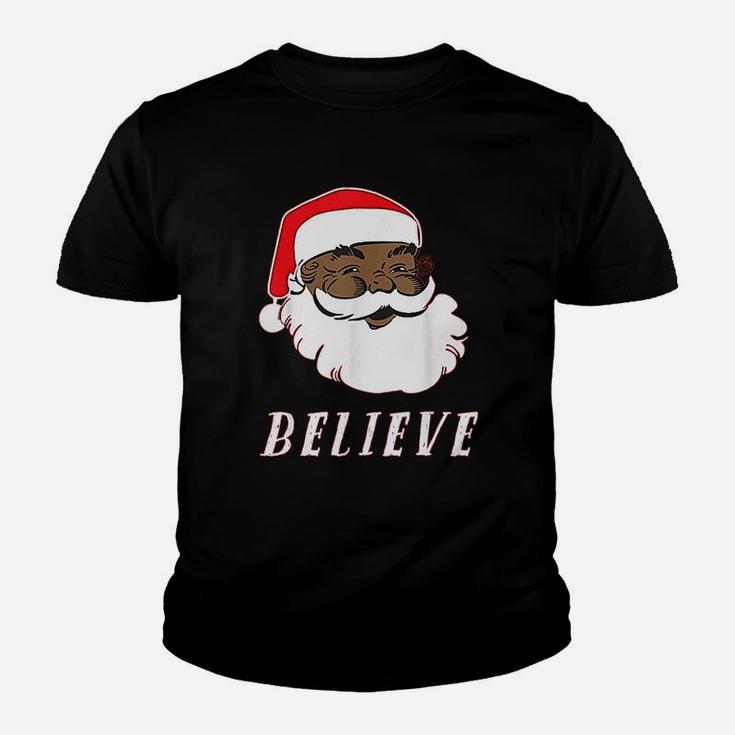 Black African American Christmas Santa Believe Kid T-Shirt