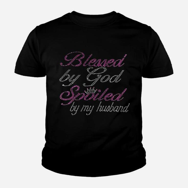 Blessed By God Spoiled My Husband Rhinestone Bling Kid T-Shirt