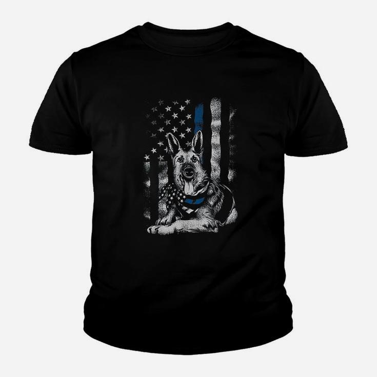 Blue Line K9 American Usa Flag German Shepherd Police Kid T-Shirt