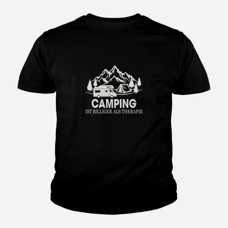 Camping-Therapie Schwarzes Kinder Tshirt, Bergmotiv und Spruch Design