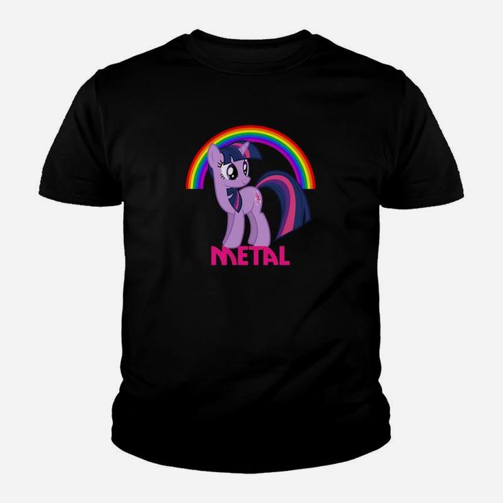 Cartoon-Pony Schwarzes Kinder Tshirt, Metal-Stil mit Regenbogen