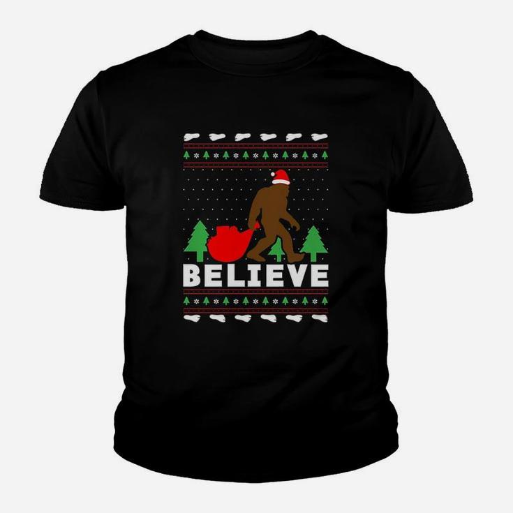 Christmas Santa Bigfoot Believe Bigfoot Ugly Christmas Kid T-Shirt