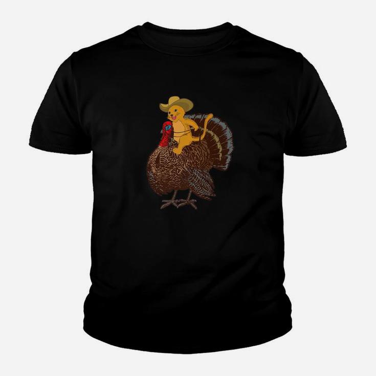 Cowboy Cat Riding A Turkey For Thanksgiving Kid T-Shirt