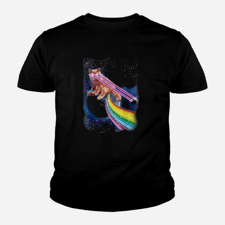 Crazy Space Cat With Eye Lasers And Rainbow Farts Kid T-Shirt