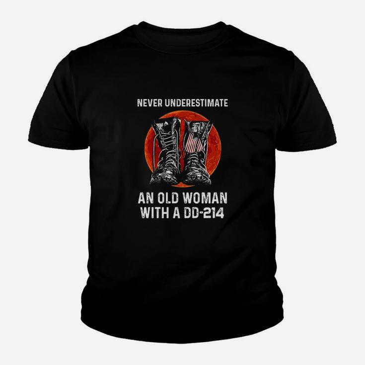 Dd-214 Never Underestimate An Old Woman With A Dd-214 Kid T-Shirt