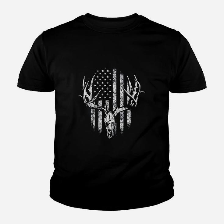 Deer Skull Hunters America Flag Fathers Day Hunting Lover Kid T-Shirt