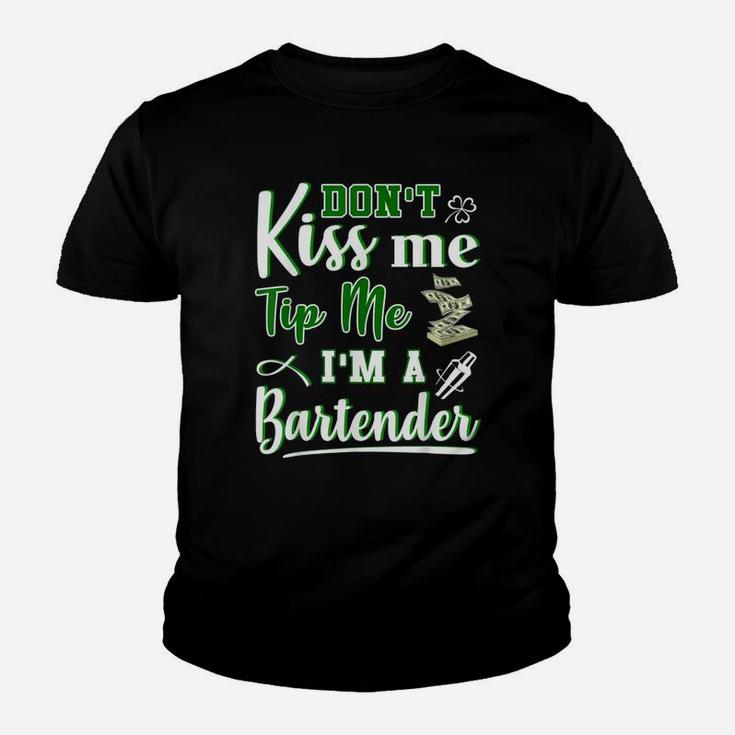 Dont Kiss Me Tip Me I Am A Bartender Shamrock Kid T-Shirt