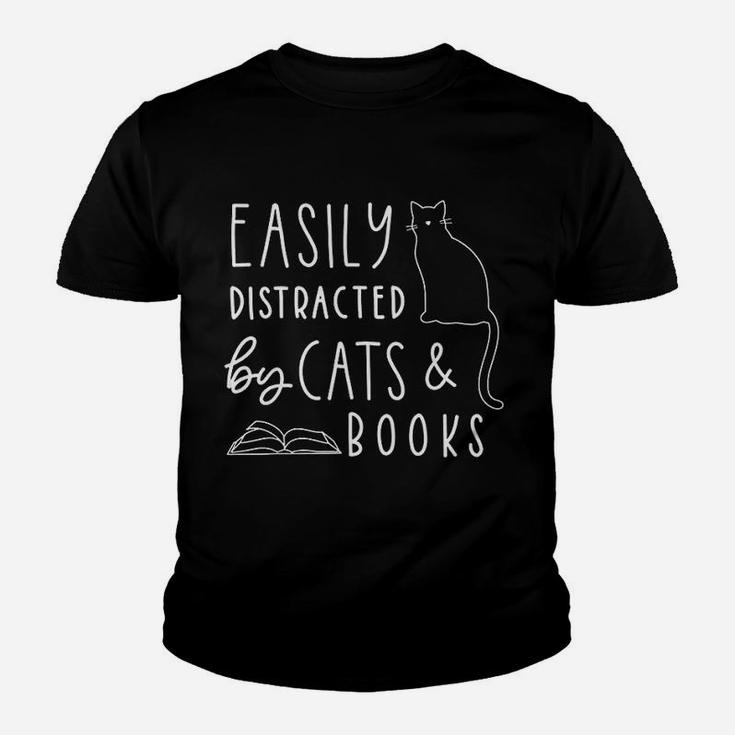 Easily Distracted Cats And Books Funny Gift For Cat Lovers Kid T-Shirt