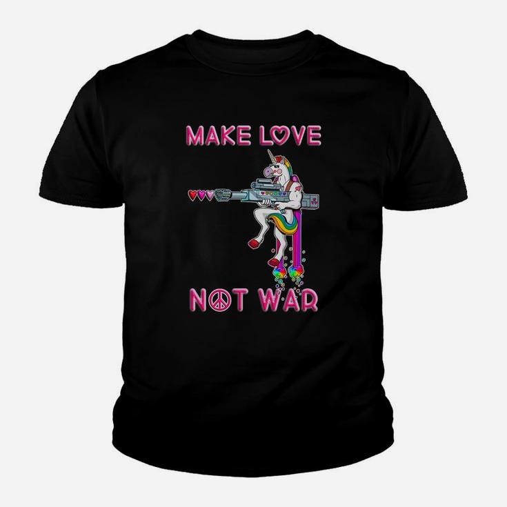 Friedensbotschaft Kinder Tshirt Unisex, Make Love Not War, Einhorn & Gewehr Design