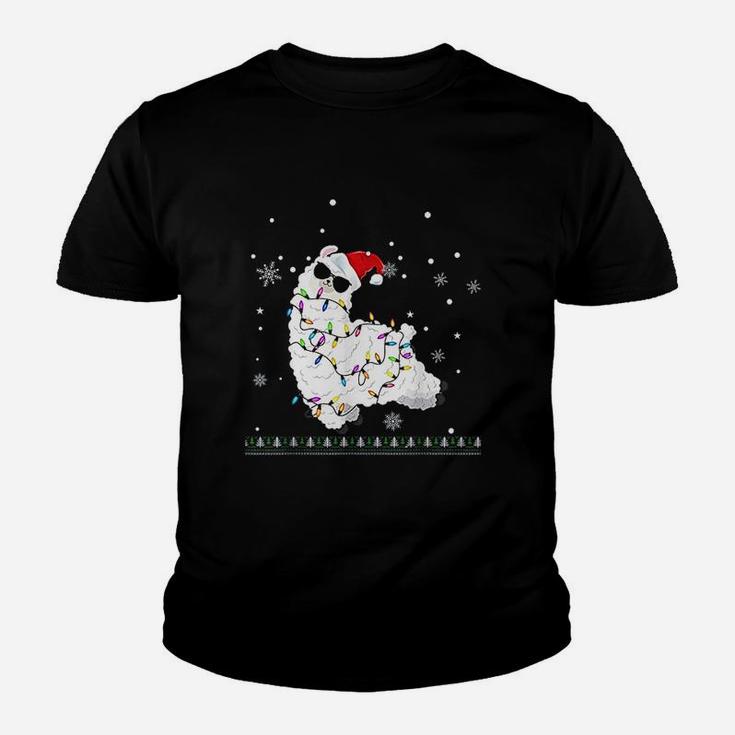Funny Alpaca Christmas Tree Lights Ugly Alpaca Llama Xmas Kid T-Shirt