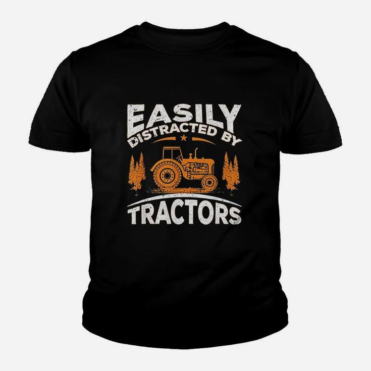 Funny Farming Quote Gift Easily Distracted By Tractors Kid T-Shirt