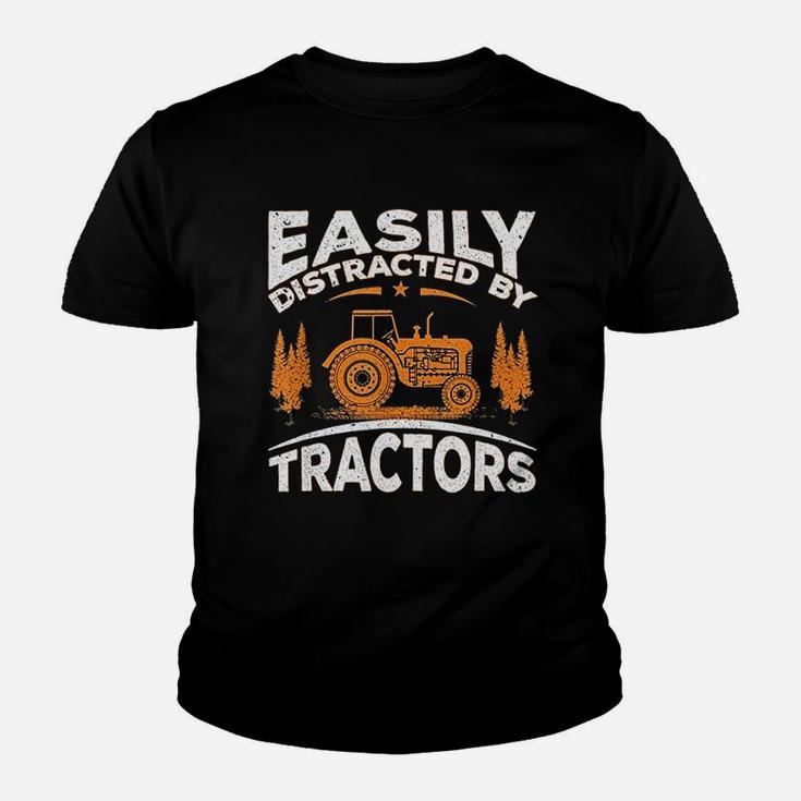 Funny Farming Quote Gift Easily Distracted By Tractors Kid T-Shirt