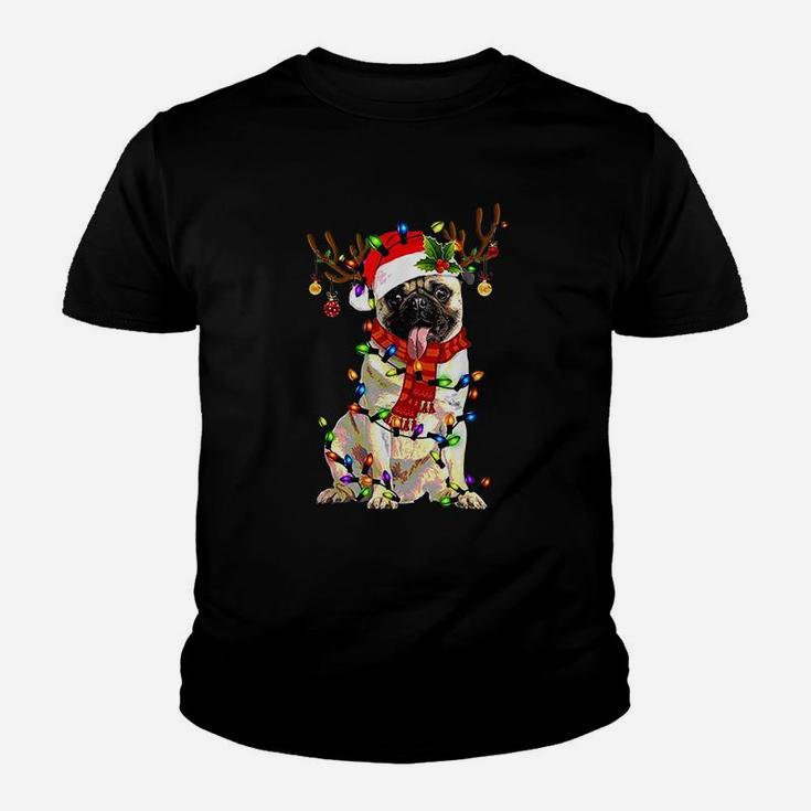 Funny Pug Dog Christmas Reindeer Christmas Lights Kid T-Shirt