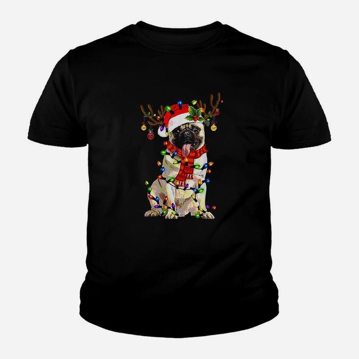 Funny Pug Dog Christmas Reindeer Christmas Lights Pajama Kid T-Shirt