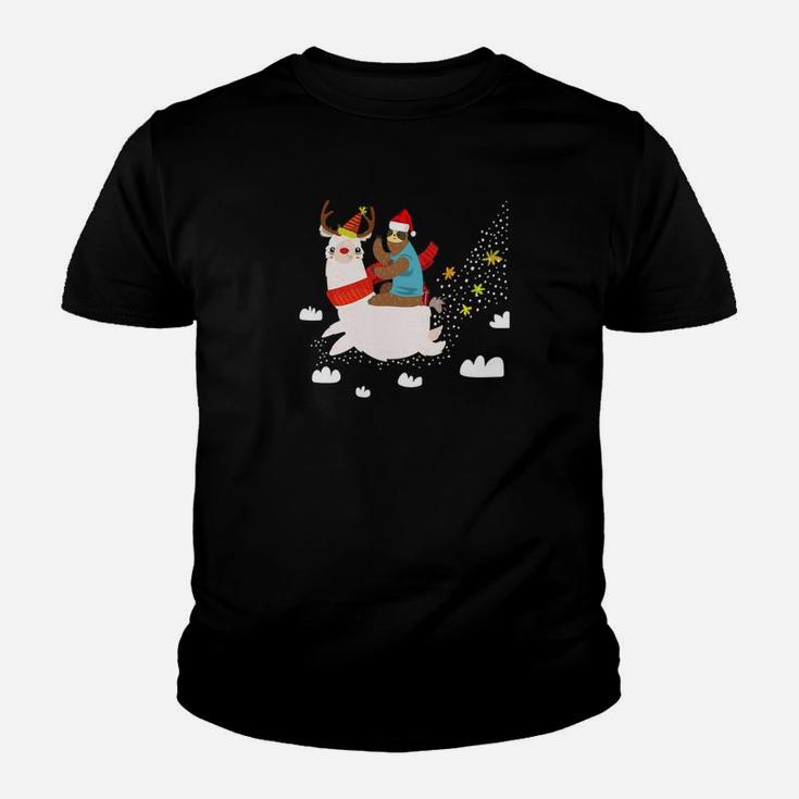 Funny Santa Sloth Riding Llama Reindeer Christmas Kid T-Shirt