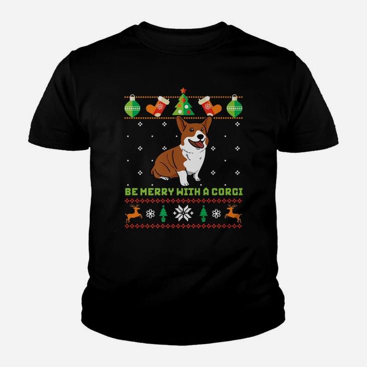 Funny Ugly Christmas Sweater Dog Be Merry With Corgi Kid T-Shirt
