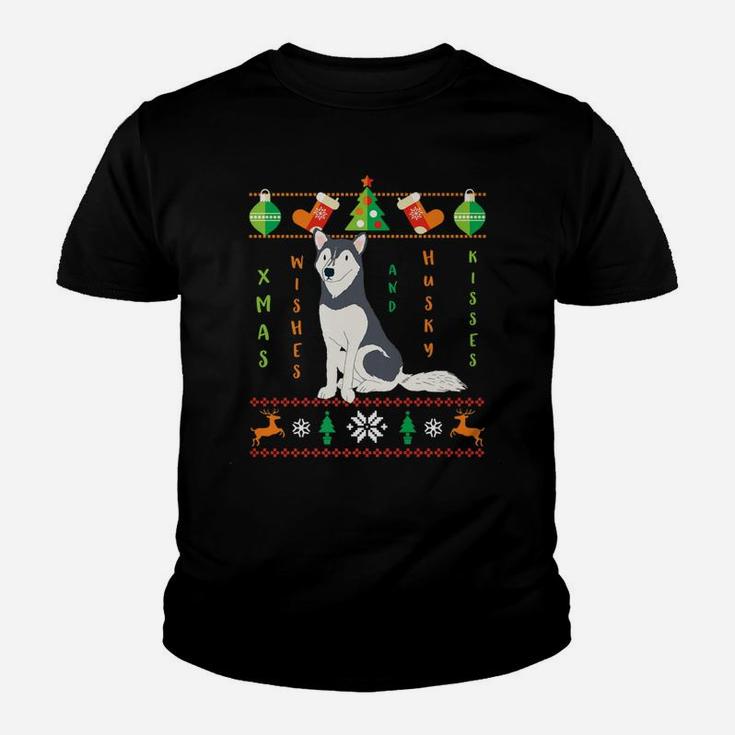 Funny Ugly Sweater Dog Christmas Wishes Husky Kisses Kid T-Shirt