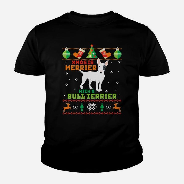 Funny Ugly Sweater Dog Xmas Merrier Bull Terrier Kid T-Shirt