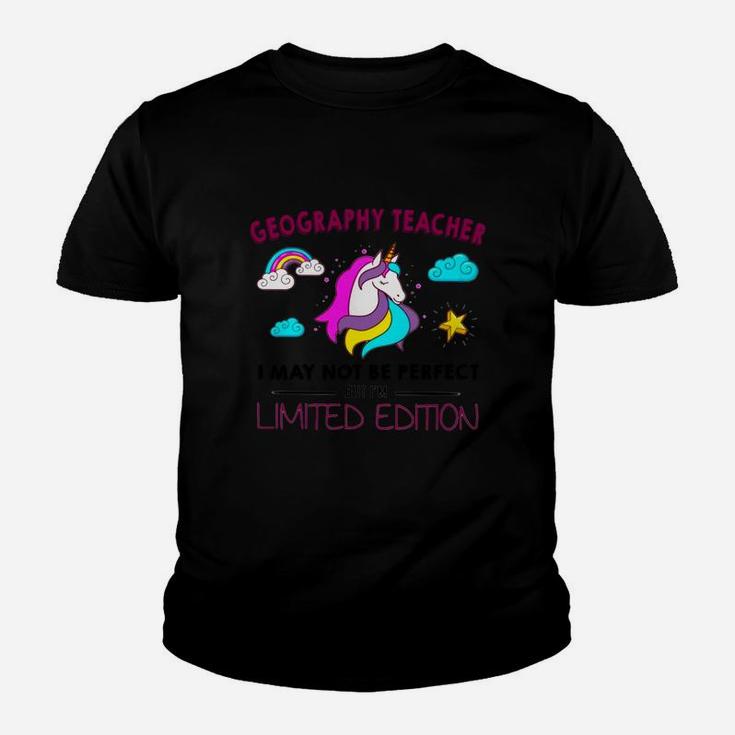 Geography Teacher I May Not Be Perfect But I Am Unique Funny Unicorn Job Title Kid T-Shirt