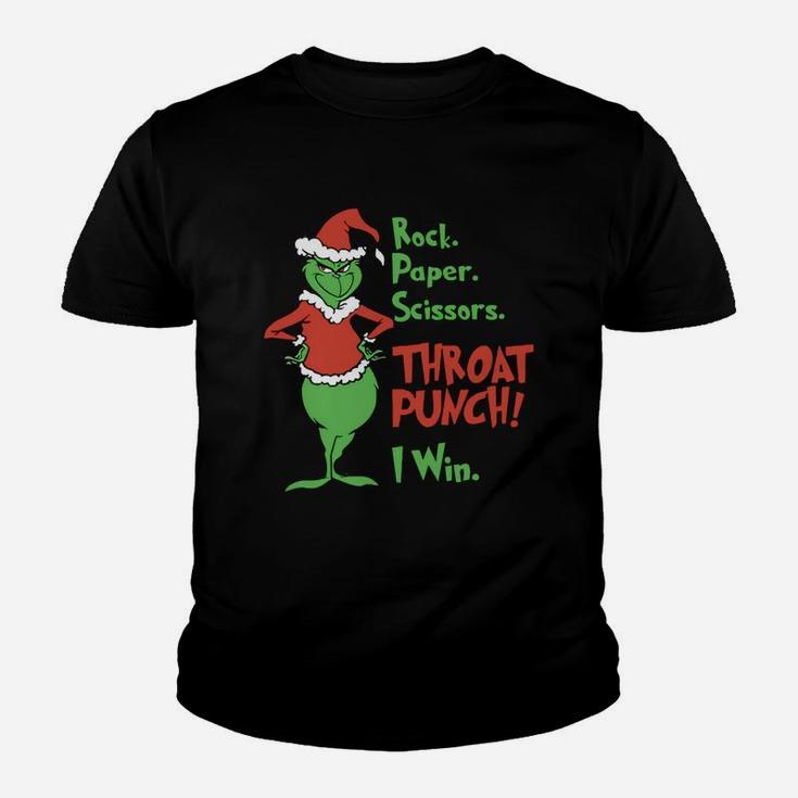 Grinch Rock Paper Scissors Throat Punch I Win Christmas Kid T-Shirt