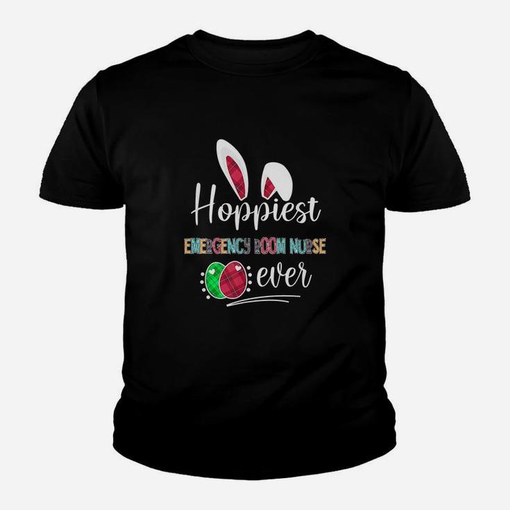 Hoppiest Emergency Room Nurse Ever Bunny Ears Buffalo Plaid Easter Nursing Job Title Kid T-Shirt